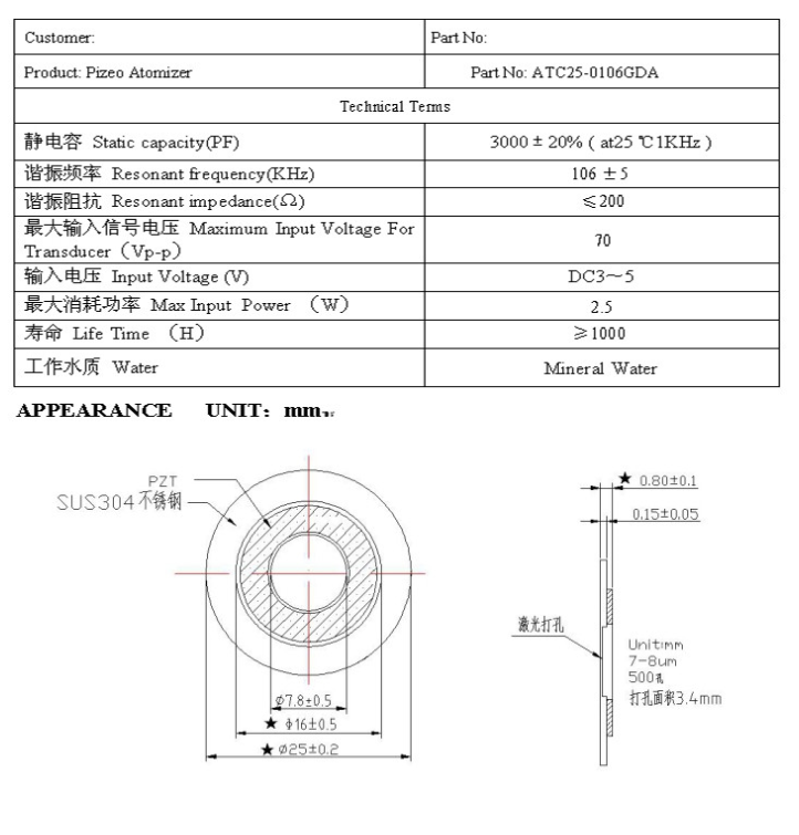超声波雾化片参数